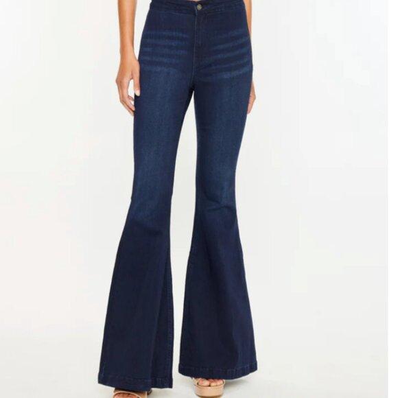 Kancan Jainey High rise flare jeans dark blue denim long inseam size 5/26 NWT - Picture 1 of 12